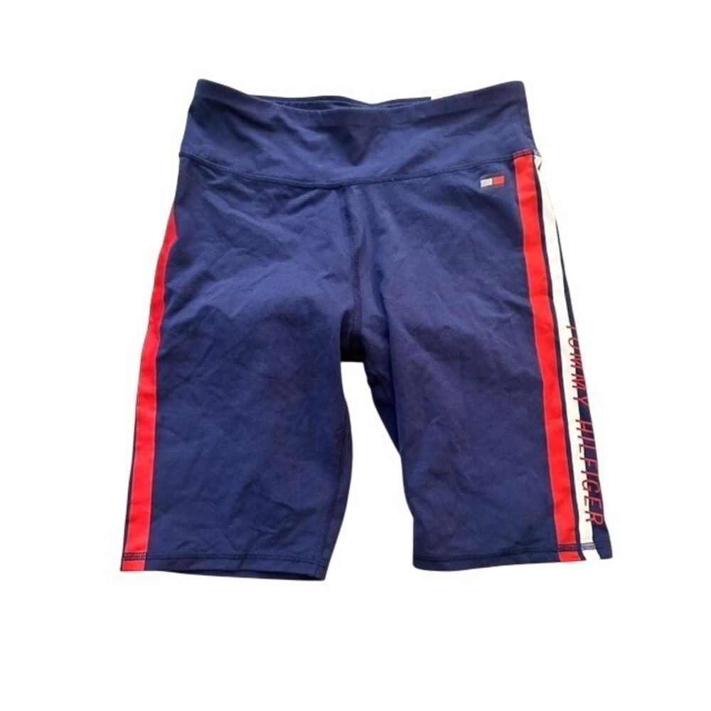 90s‎ Tommy Hilfiger Sport Navy Blue High Rise Jersey Bike Shorts Stripe Logo  M